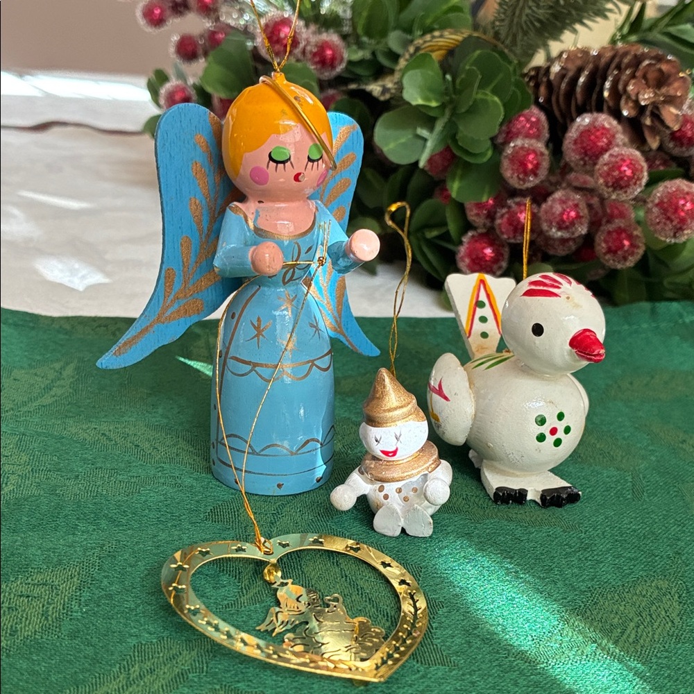 Vintage WoodenCrafted Blue Angel and Festive Ornaments Set